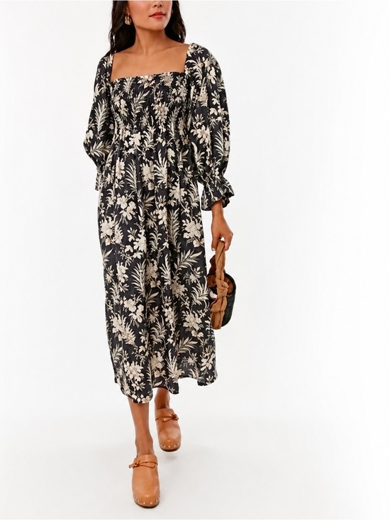 Tuckernuck Dresses & Skirts - Tuckernuck Hemmings 100% Linen Black and Cream Smocked Square-Neck Midi Dress